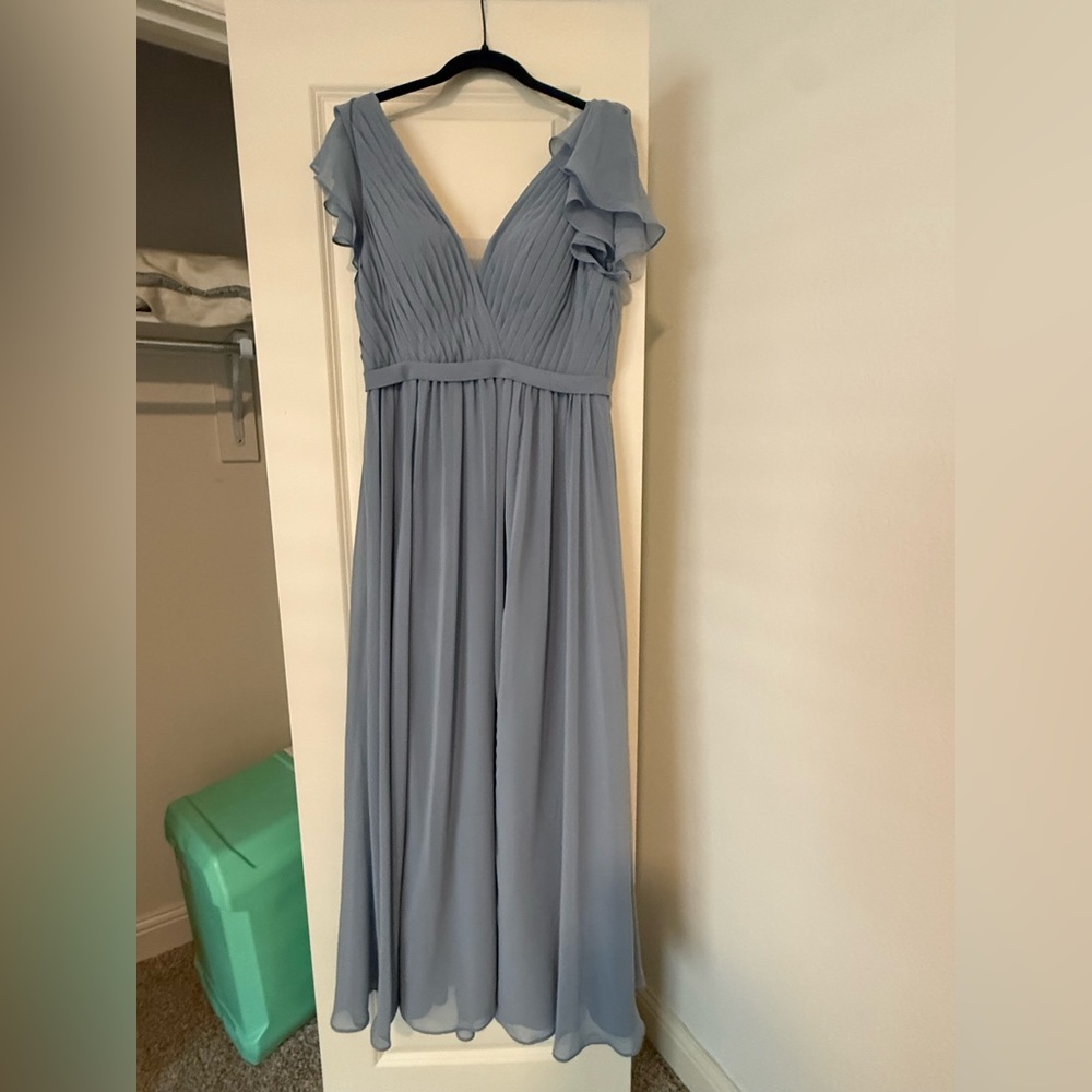Azazie Dusty Blue V-Neck Pleated Ruffle Sleeve Maxi Dress